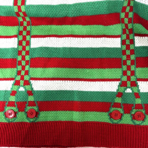 Jolly Ugly Christmas Sweater grn red white stripe faux suspenders EUC Size L - Picture 5 of 14